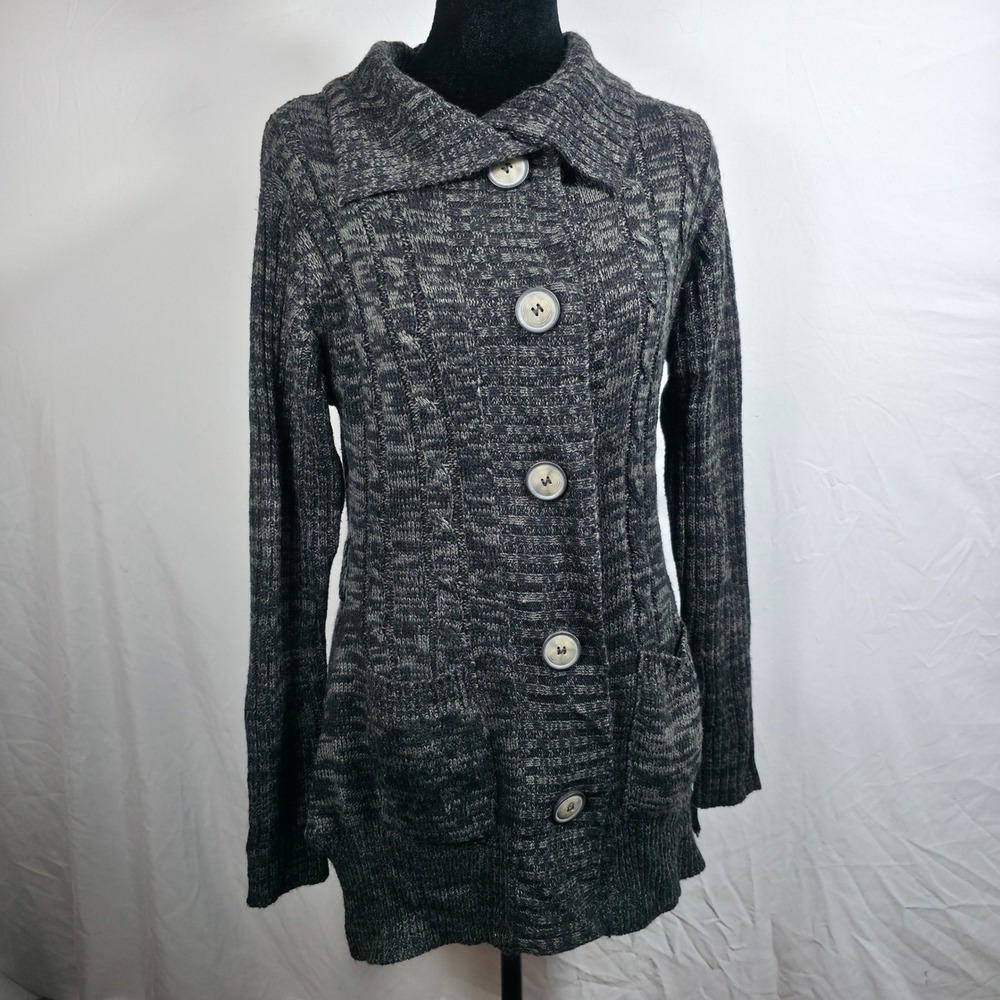 Effeci Gray Marl Cable Knit Button Front Longline Cardigan Sweater Womens Medium